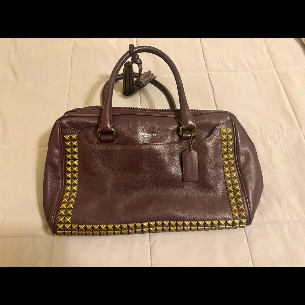 Authentic dark purple leather Coach bag with gold studs